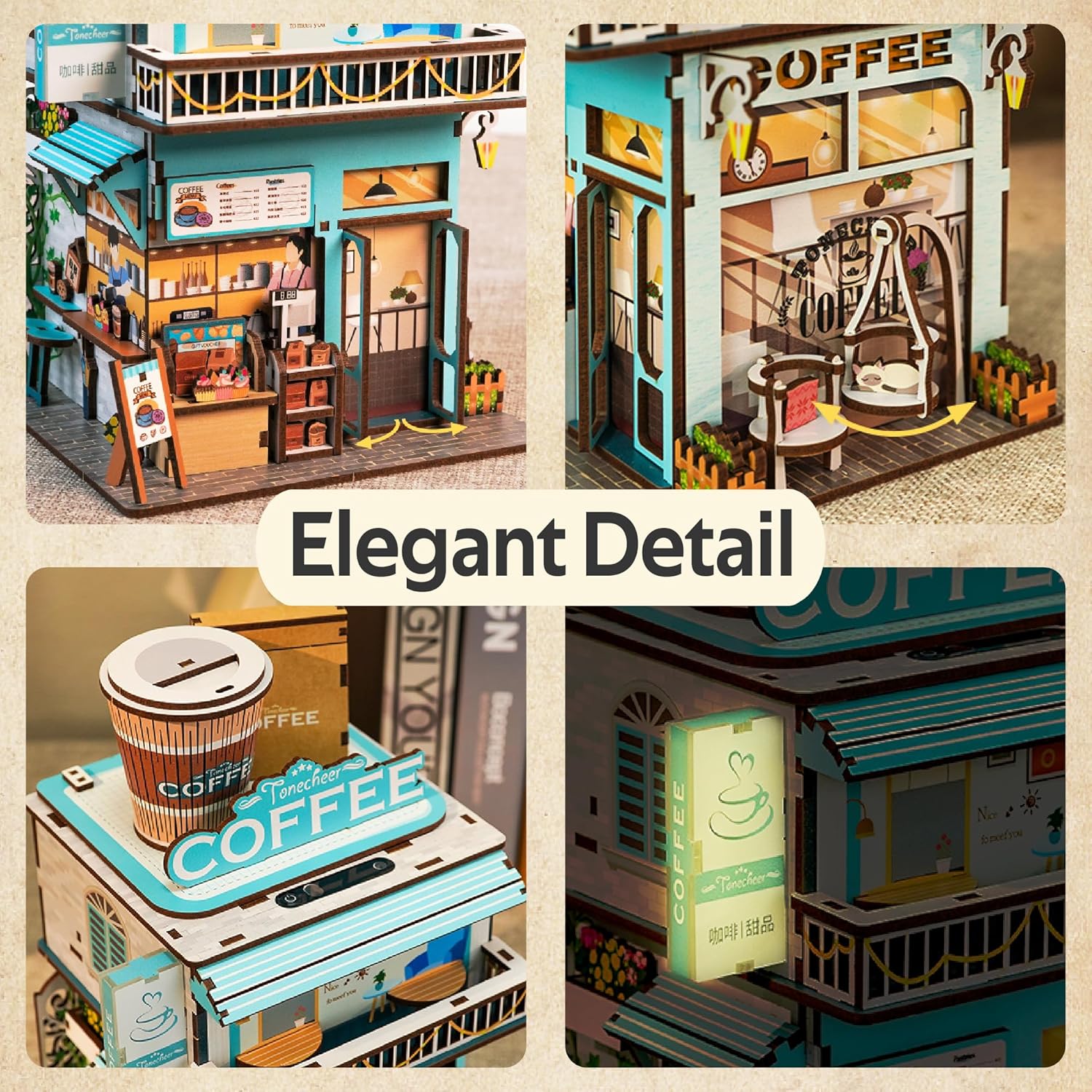 Tonecheer 3D Puzzle Box for Adults, Miniature DIY Dollhouse Kit Creative Wooden Storage Box House Desktop Home Decor Body Sensor Auto Lid Opening for Kids Birthday Gift(Cape Coffee Shop