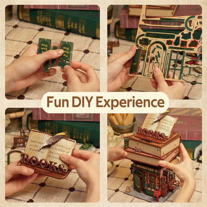 Tonecheer 3D Puzzle Box for Adults, Miniature DIY Dollhouse Kit Creative Wooden Storage Box House Desktop Home Decor Body Sensor Auto Lid Opening for Kids Birthday Gift(Time Bookstore