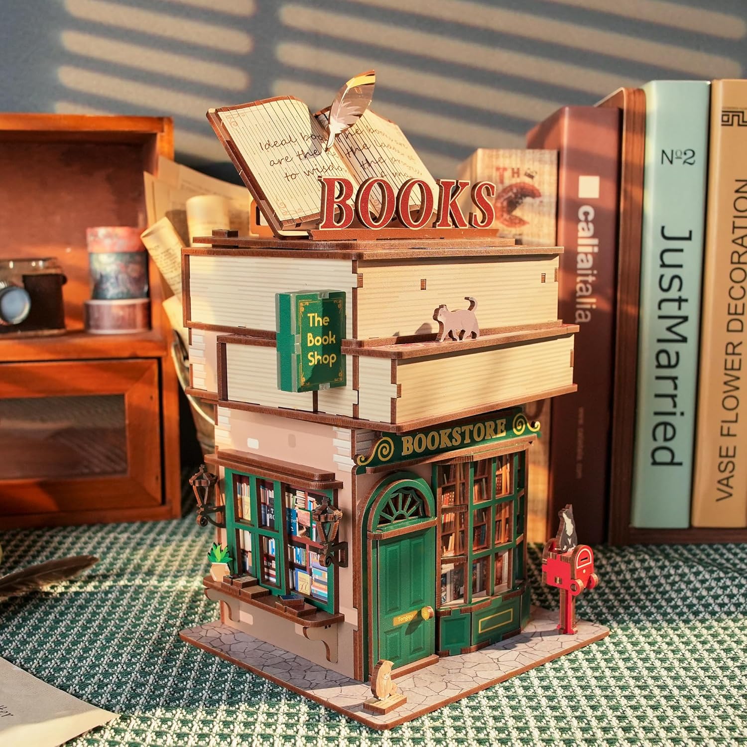 Tonecheer 3D Puzzle Box for Adults, Miniature DIY Dollhouse Kit Creative Wooden Storage Box House Desktop Home Decor Body Sensor Auto Lid Opening for Kids Birthday Gift(Time Bookstore