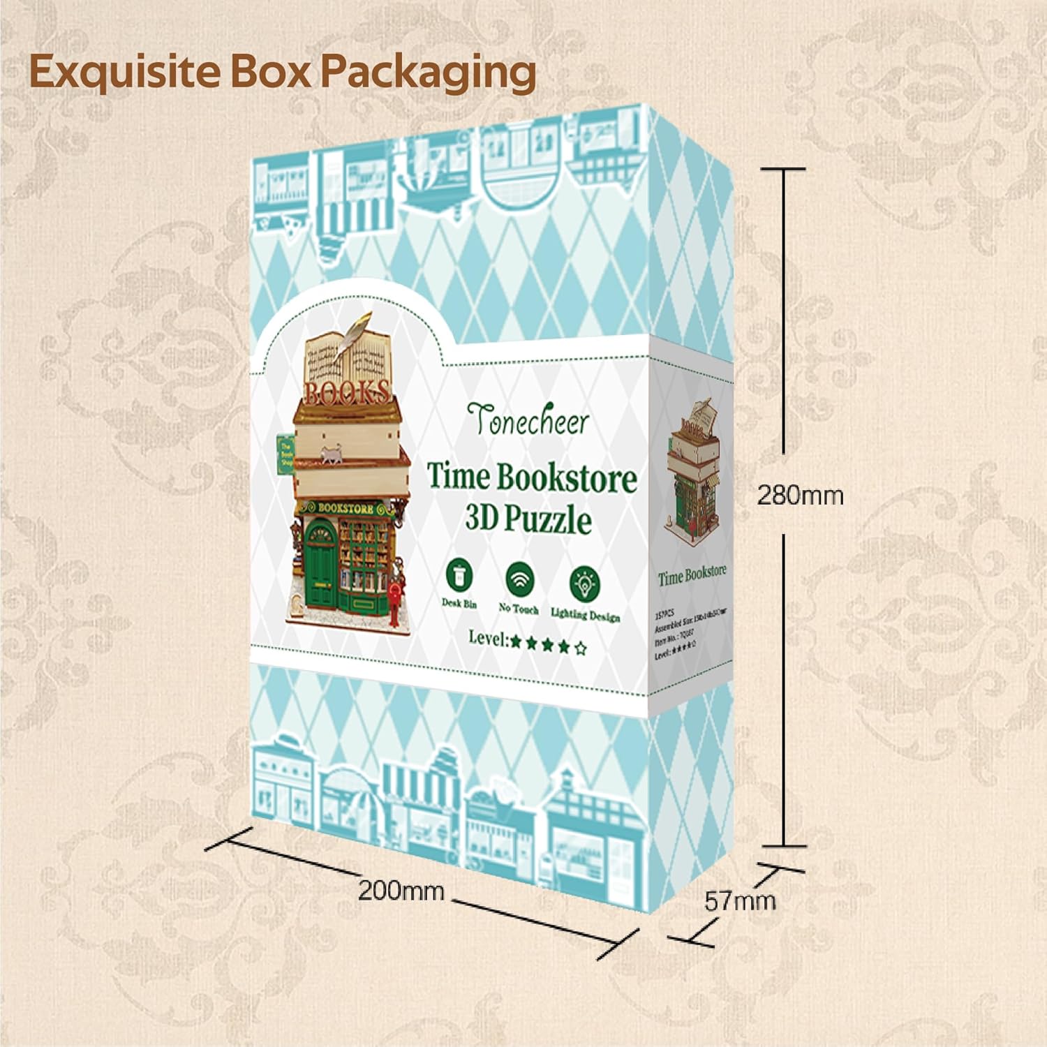 Tonecheer 3D Puzzle Box for Adults, Miniature DIY Dollhouse Kit Creative Wooden Storage Box House Desktop Home Decor Body Sensor Auto Lid Opening for Kids Birthday Gift(Time Bookstore