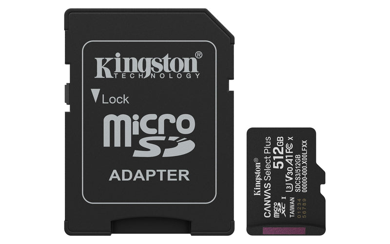 Kingston Canvas Select Plus microSD Memory Card 512GB microSDXC Gen3 150MB/s A1 Card + Adapter - SDCS3/512GB