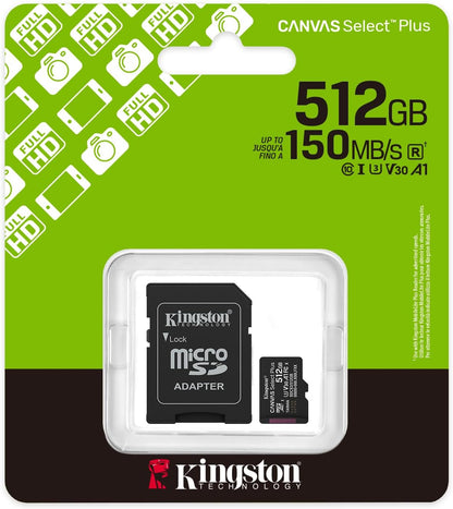 Kingston Canvas Select Plus microSD Memory Card 512GB microSDXC Gen3 150MB/s A1 Card + Adapter - SDCS3/512GB