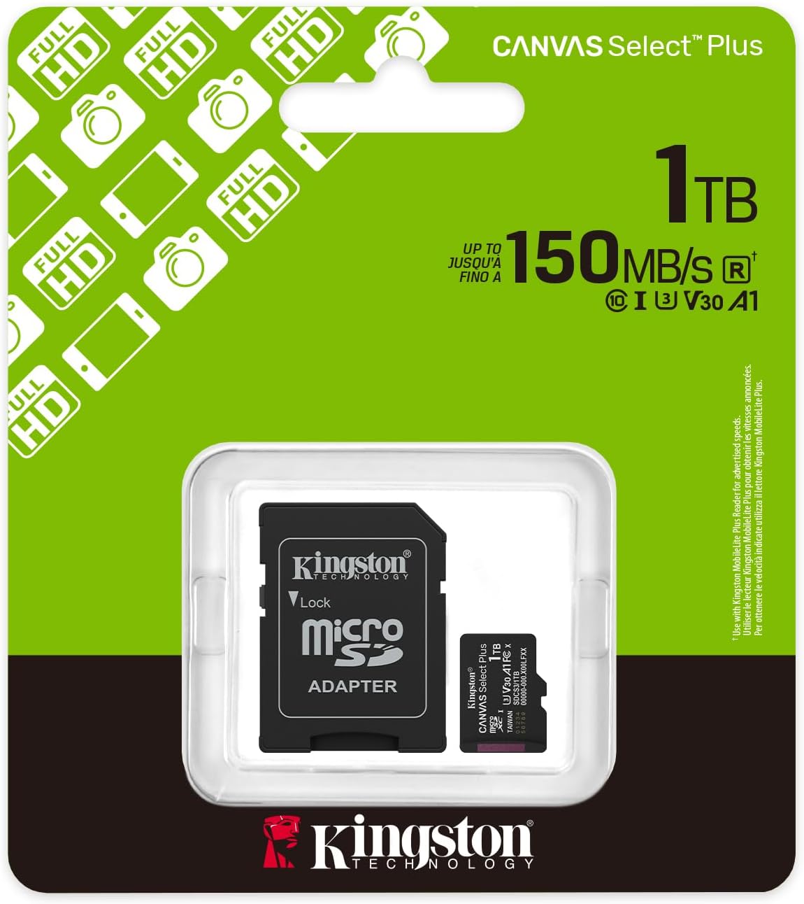 Kingston Canvas Select Plus microSD Memory Card 1TB microSDXC Gen3 150MB/s A1 Card + Adapter - SDCS3/1TB