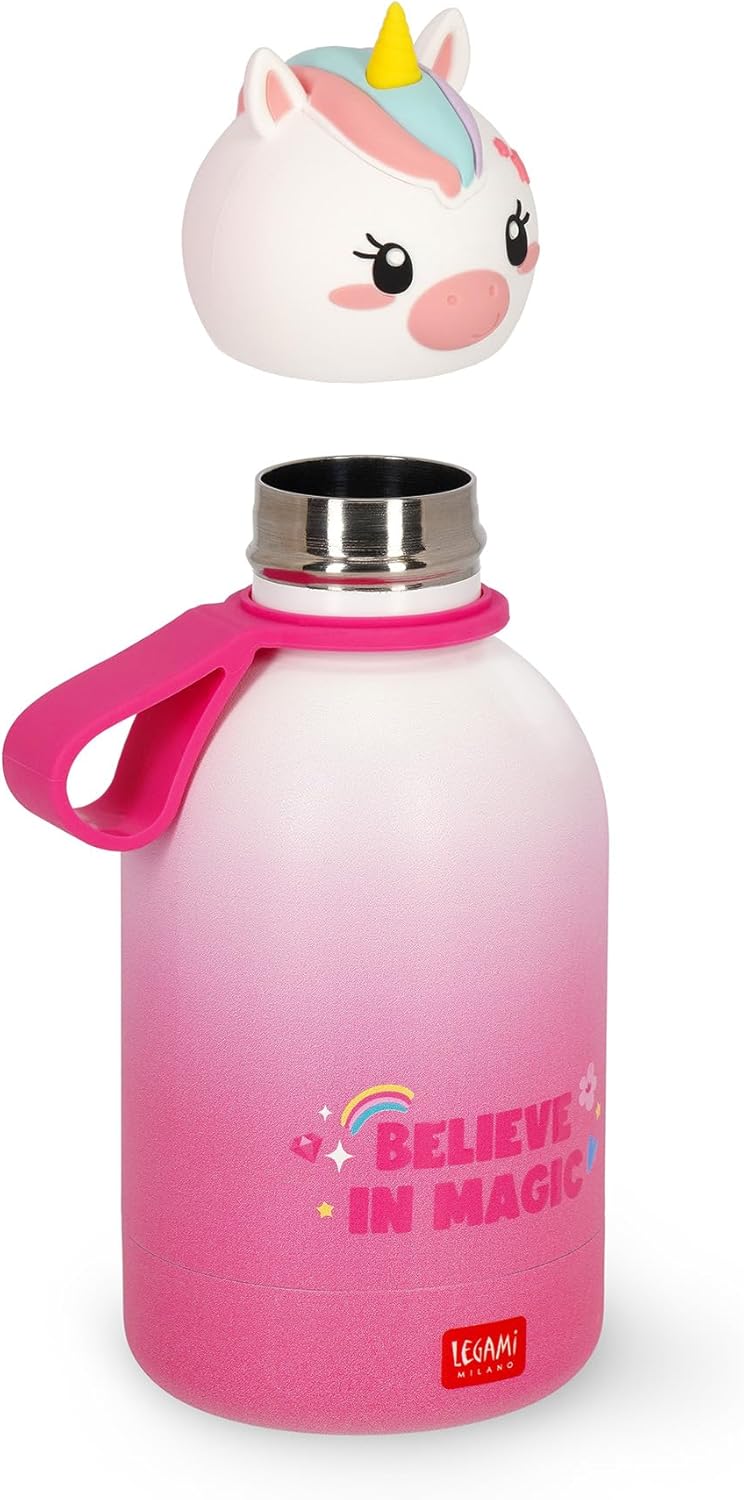Legami - Hot & Cold BFF Children's Thermal Bottle, Unicorn Theme, in 18/8 Stainless Steel, Double Layer with Airtight Closure, Keeps Hot for 12h and Cold 24h, Capacity 310 ml