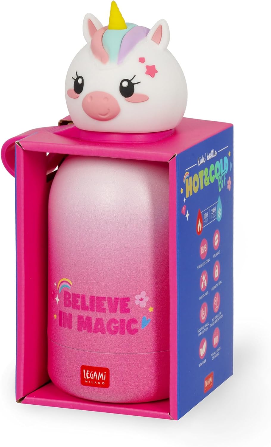 Legami - Hot & Cold BFF Children's Thermal Bottle, Unicorn Theme, in 18/8 Stainless Steel, Double Layer with Airtight Closure, Keeps Hot for 12h and Cold 24h, Capacity 310 ml