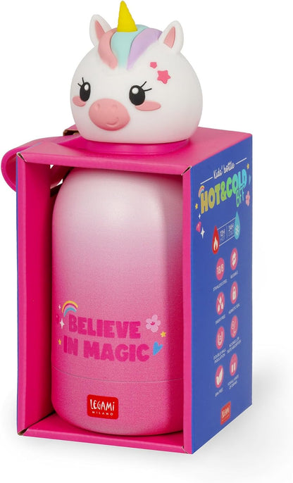 Legami - Hot & Cold BFF Children's Thermal Bottle, Unicorn Theme, in 18/8 Stainless Steel, Double Layer with Airtight Closure, Keeps Hot for 12h and Cold 24h, Capacity 310 ml