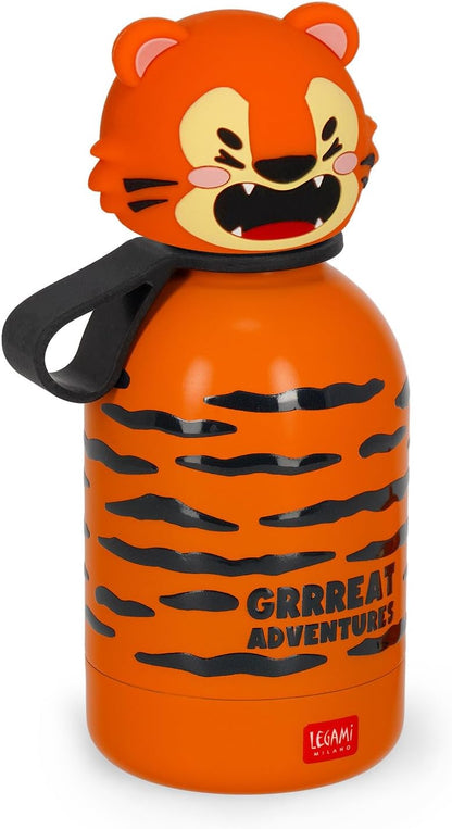 Legami - Hot & Cold BFF Thermal Water Bottle for Children, Tiger Theme, in 18/8 Stainless Steel, Double Layer with Airtight Closure, Keeps Hot for 12h and Cold 24h, Capacity 310 ml
