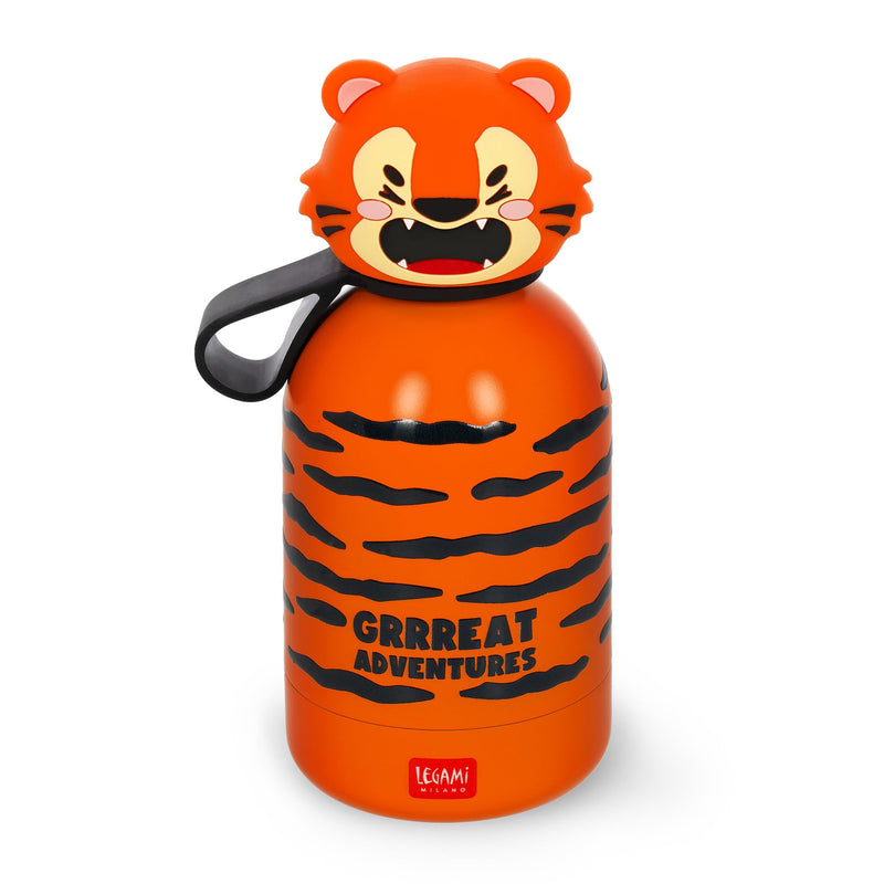 Legami - Hot & Cold BFF Thermal Water Bottle for Children, Tiger Theme, in 18/8 Stainless Steel, Double Layer with Airtight Closure, Keeps Hot for 12h and Cold 24h, Capacity 310 ml