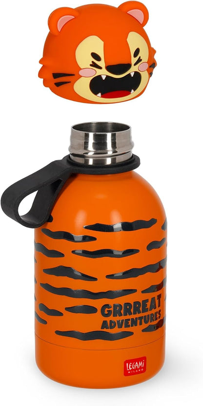 Legami - Hot & Cold BFF Thermal Water Bottle for Children, Tiger Theme, in 18/8 Stainless Steel, Double Layer with Airtight Closure, Keeps Hot for 12h and Cold 24h, Capacity 310 ml