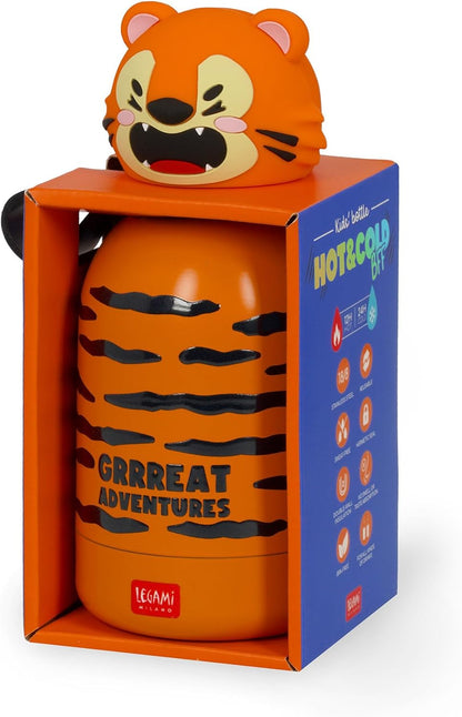 Legami - Hot & Cold BFF Thermal Water Bottle for Children, Tiger Theme, in 18/8 Stainless Steel, Double Layer with Airtight Closure, Keeps Hot for 12h and Cold 24h, Capacity 310 ml