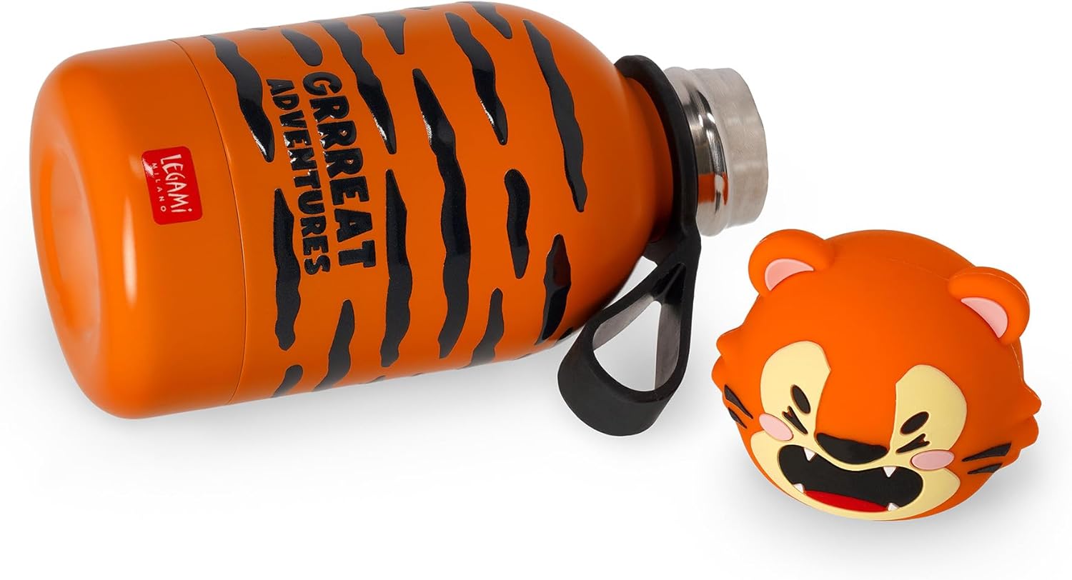 Legami - Hot & Cold BFF Thermal Water Bottle for Children, Tiger Theme, in 18/8 Stainless Steel, Double Layer with Airtight Closure, Keeps Hot for 12h and Cold 24h, Capacity 310 ml