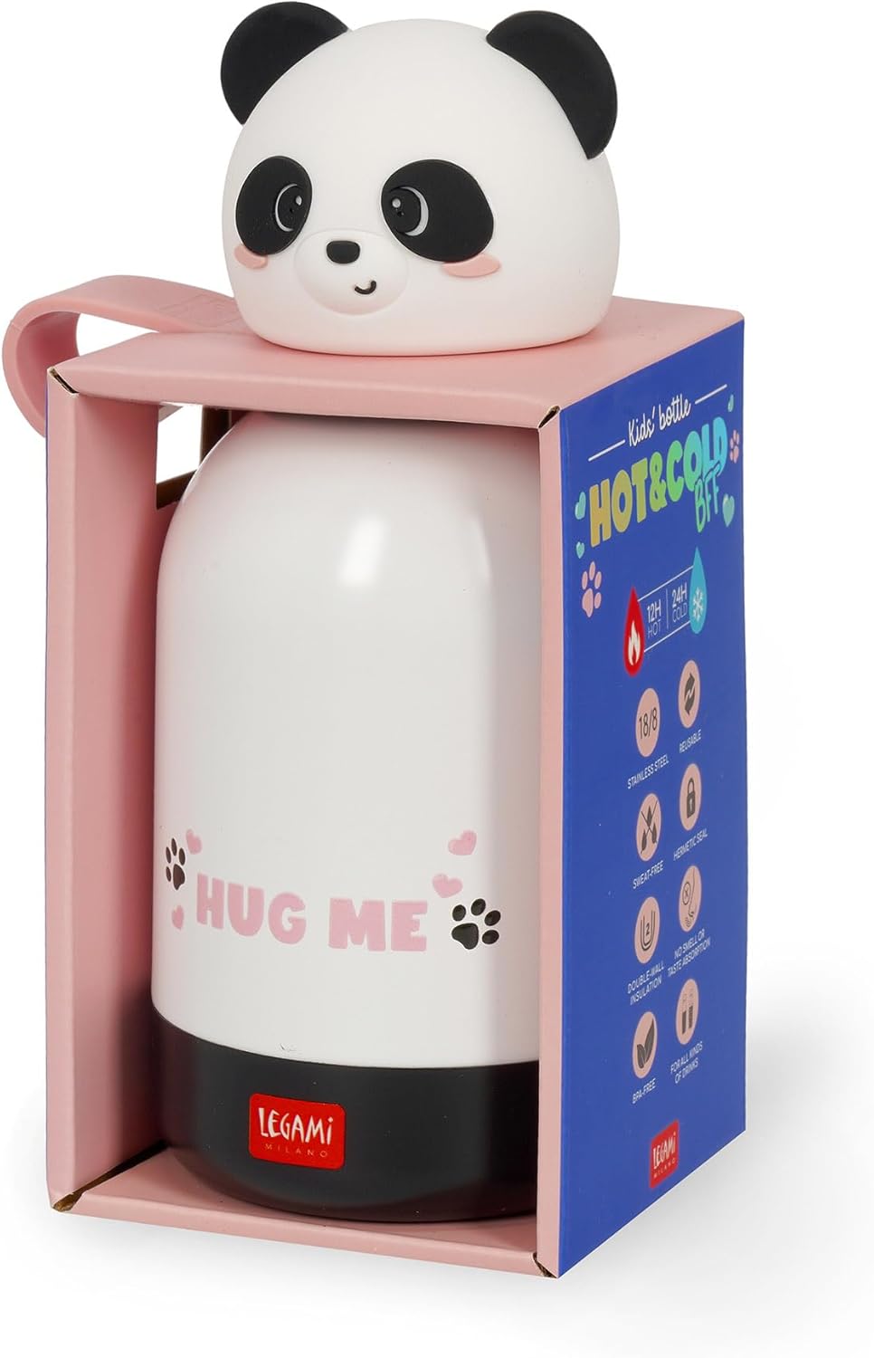 Legami - Hot & Cold BFF Children's Thermal Bottle, Panda Theme, in 18/8 Stainless Steel Double Layer with Airtight Closure, Keeps Hot for 12h and Cold 24h, Capacity 310 ml