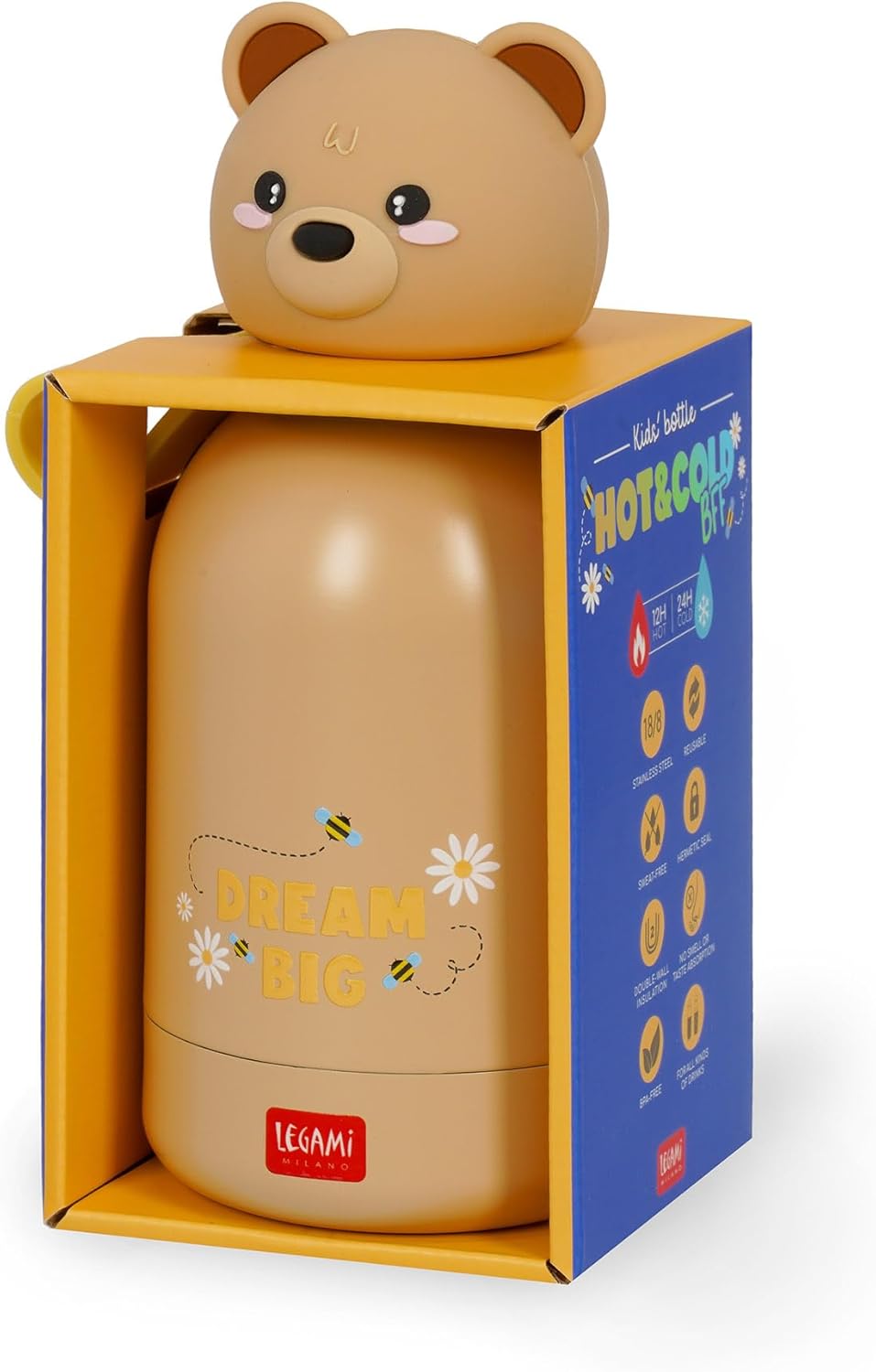 Legami - Hot & Cold BFF Thermal Bottle for Children, Teddy Bear Theme, in 18/8 Stainless Steel Double Layer with Airtight Closure, Keeps Hot for 12h and Cold 24h, Capacity 310 ml