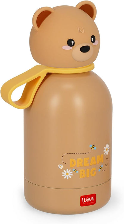 Legami - Hot & Cold BFF Thermal Bottle for Children, Teddy Bear Theme, in 18/8 Stainless Steel Double Layer with Airtight Closure, Keeps Hot for 12h and Cold 24h, Capacity 310 ml