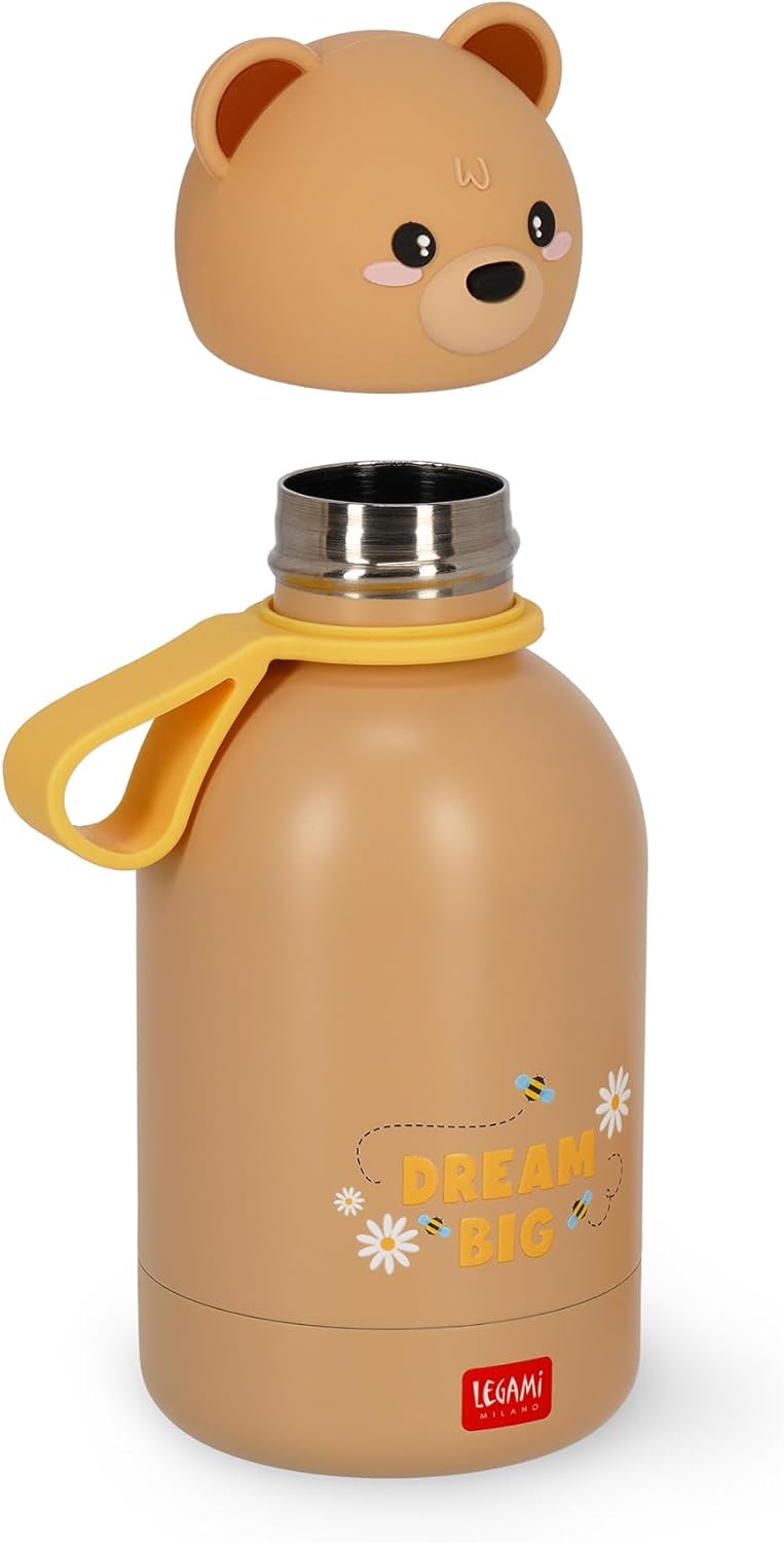 Legami - Hot & Cold BFF Thermal Bottle for Children, Teddy Bear Theme, in 18/8 Stainless Steel Double Layer with Airtight Closure, Keeps Hot for 12h and Cold 24h, Capacity 310 ml