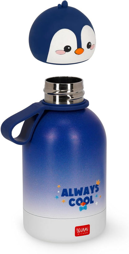 Legami - Hot & Cold BFF Thermos Bottle for Children, Penguin Theme, in Stainless Steel 18/8 Double Layer with Airtight Closure, Keeps Hot for 12h and Cold 24h, Capacity 310 ml