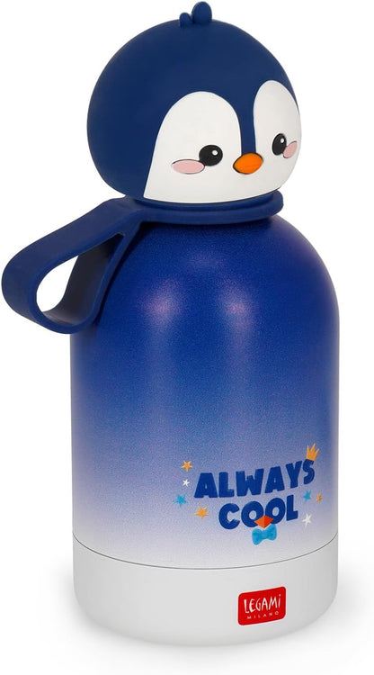 Legami - Hot & Cold BFF Thermos Bottle for Children, Penguin Theme, in Stainless Steel 18/8 Double Layer with Airtight Closure, Keeps Hot for 12h and Cold 24h, Capacity 310 ml