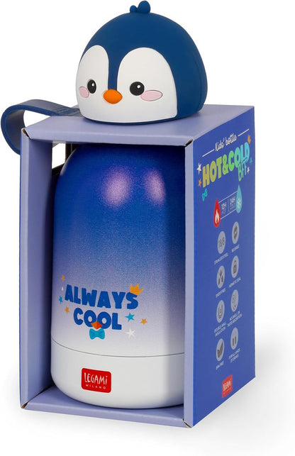 Legami - Hot & Cold BFF Thermos Bottle for Children, Penguin Theme, in Stainless Steel 18/8 Double Layer with Airtight Closure, Keeps Hot for 12h and Cold 24h, Capacity 310 ml