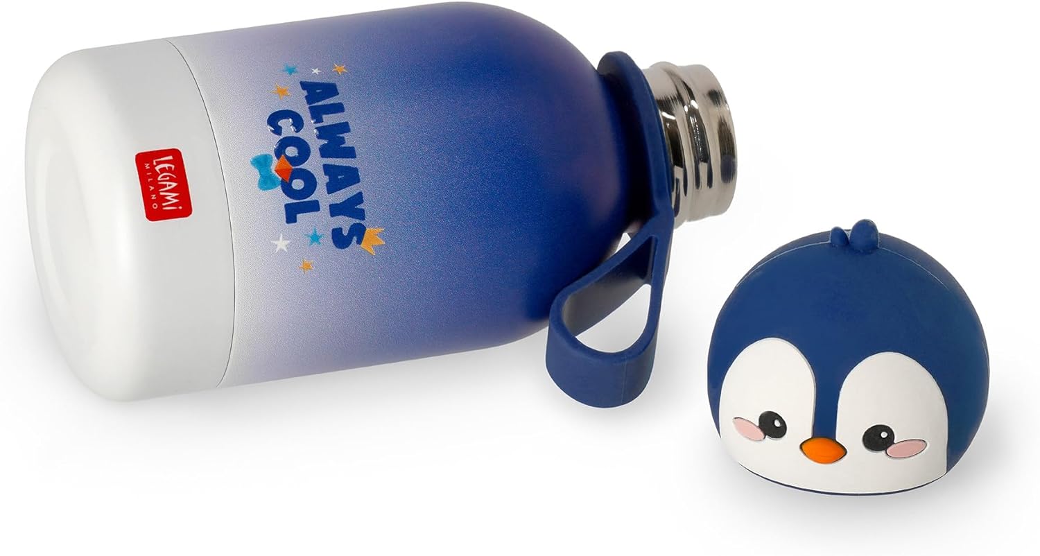 Legami - Hot & Cold BFF Thermos Bottle for Children, Penguin Theme, in Stainless Steel 18/8 Double Layer with Airtight Closure, Keeps Hot for 12h and Cold 24h, Capacity 310 ml
