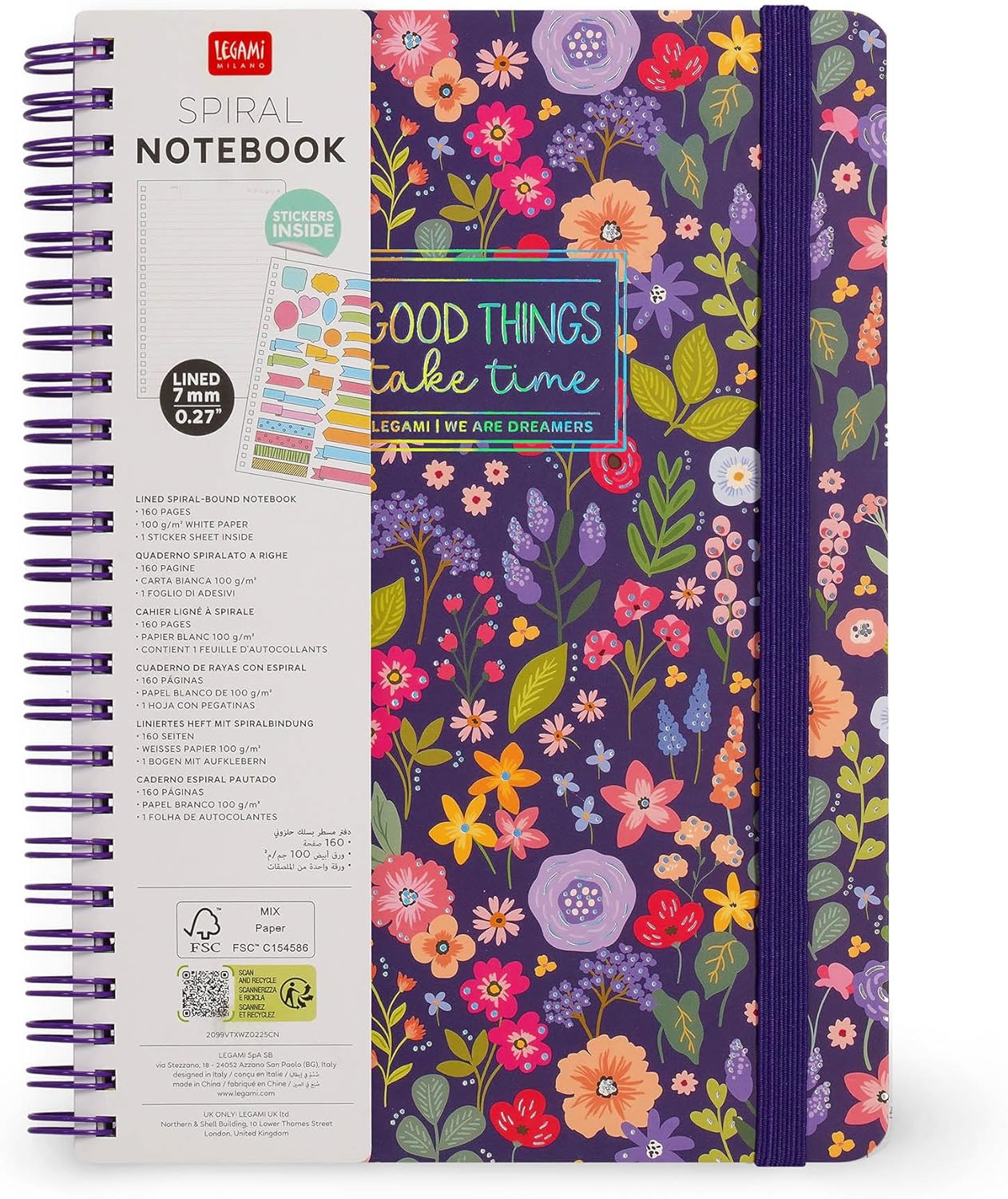 LEGAMI - Spiral Notebook with 7 mm Ruling, Flowers, A4 Format, Large, FSC Certified Paper, Includes 1 Sheet of Stickers, 160 Pages, Elastic Closure, 15 x 21 cm