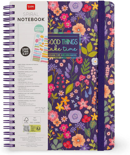 LEGAMI - Spiral Notebook with 7 mm Ruling, Flowers, A4 Format, Large, FSC Certified Paper, Includes 1 Sheet of Stickers, 160 Pages, Elastic Closure, 15 x 21 cm