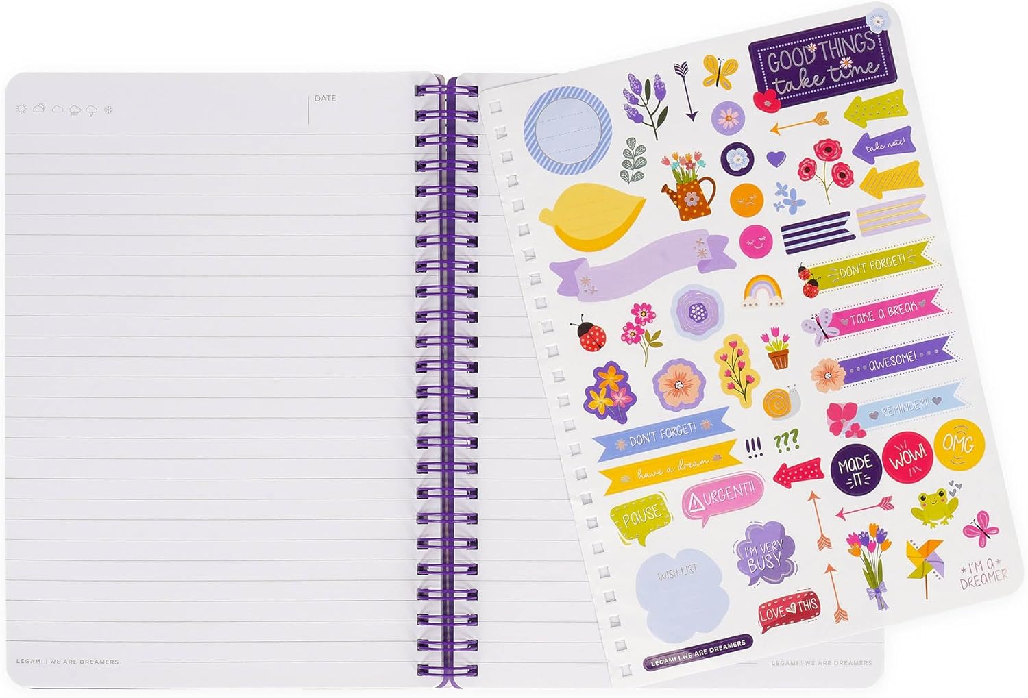 LEGAMI - Spiral Notebook with 7 mm Ruling, Flowers, A4 Format, Large, FSC Certified Paper, Includes 1 Sheet of Stickers, 160 Pages, Elastic Closure, 15 x 21 cm