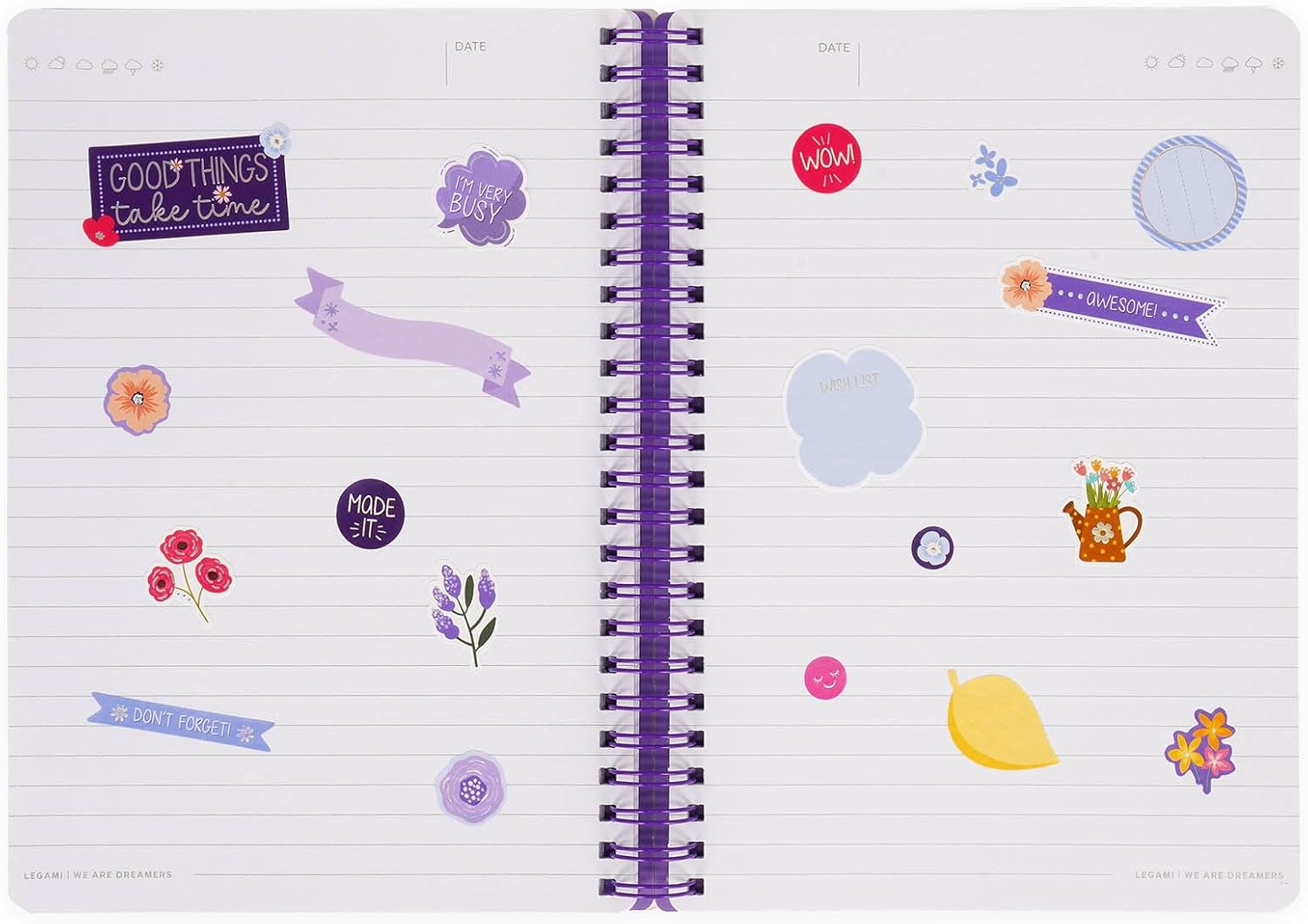LEGAMI - Spiral Notebook with 7 mm Ruling, Flowers, A4 Format, Large, FSC Certified Paper, Includes 1 Sheet of Stickers, 160 Pages, Elastic Closure, 15 x 21 cm