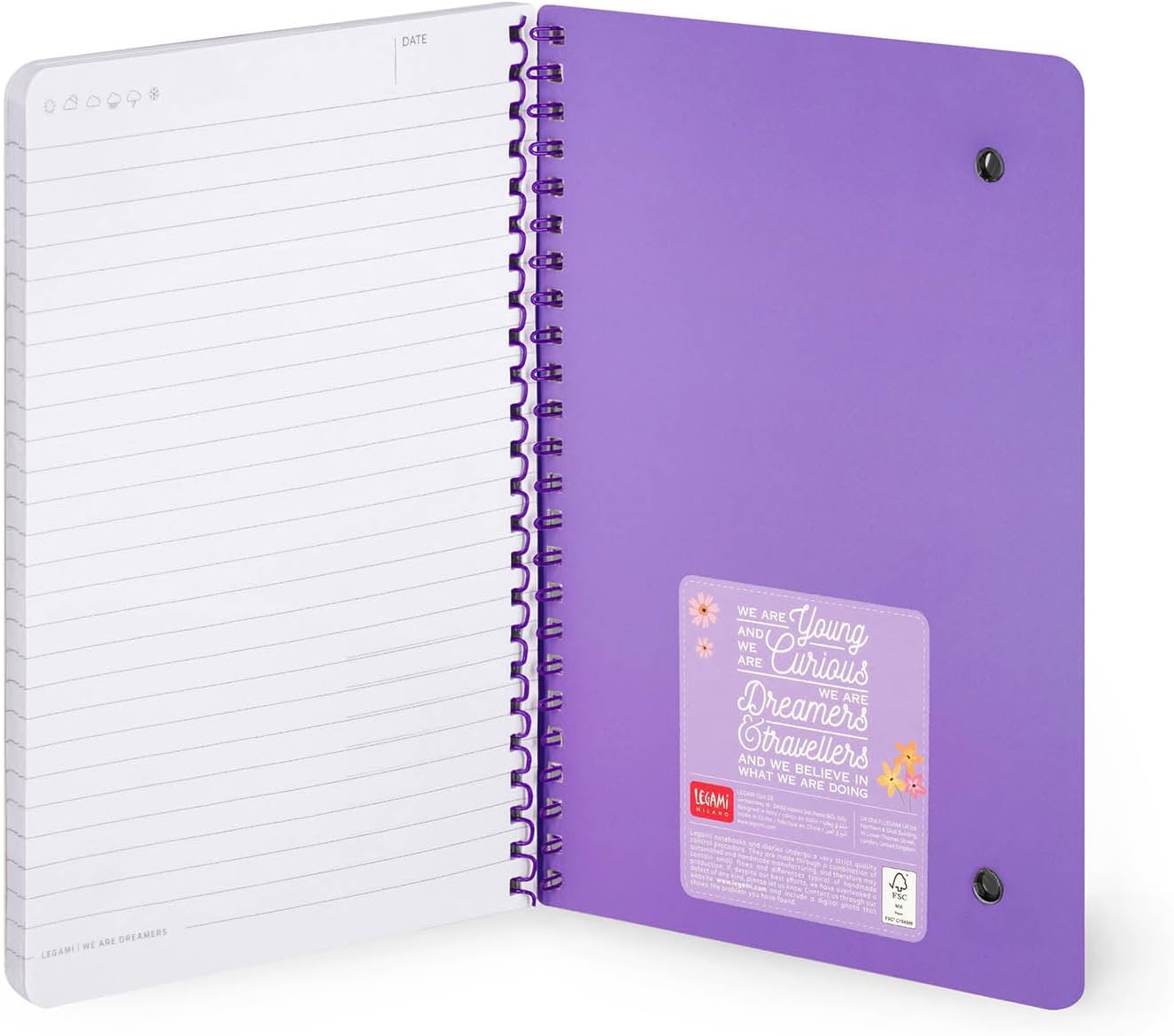 LEGAMI - Spiral Notebook with 7 mm Ruling, Flowers, A4 Format, Large, FSC Certified Paper, Includes 1 Sheet of Stickers, 160 Pages, Elastic Closure, 15 x 21 cm