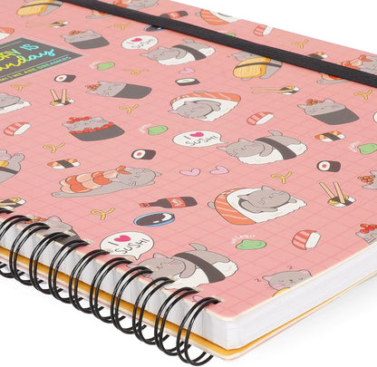 LEGAMI - Spiral Notebook with 7 mm Ruling, Sushi Cat, A4 Format, Maxi, FSC Certified Paper, Includes 1 Sheet of Stickers, 160 Pages, Elastic Closure, 21 x 29 cm