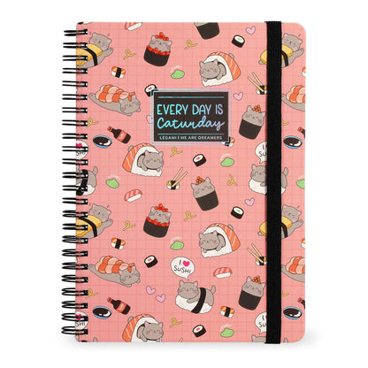 LEGAMI - Spiral Notebook with 7 mm Ruling, Sushi Cat, A4 Format, Maxi, FSC Certified Paper, Includes 1 Sheet of Stickers, 160 Pages, Elastic Closure, 21 x 29 cm