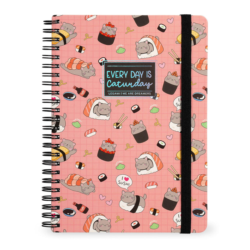 LEGAMI - Spiral Notebook with 7 mm Ruling, Sushi Cat, A4 Format, Maxi, FSC Certified Paper, Includes 1 Sheet of Stickers, 160 Pages, Elastic Closure, 21 x 29 cm