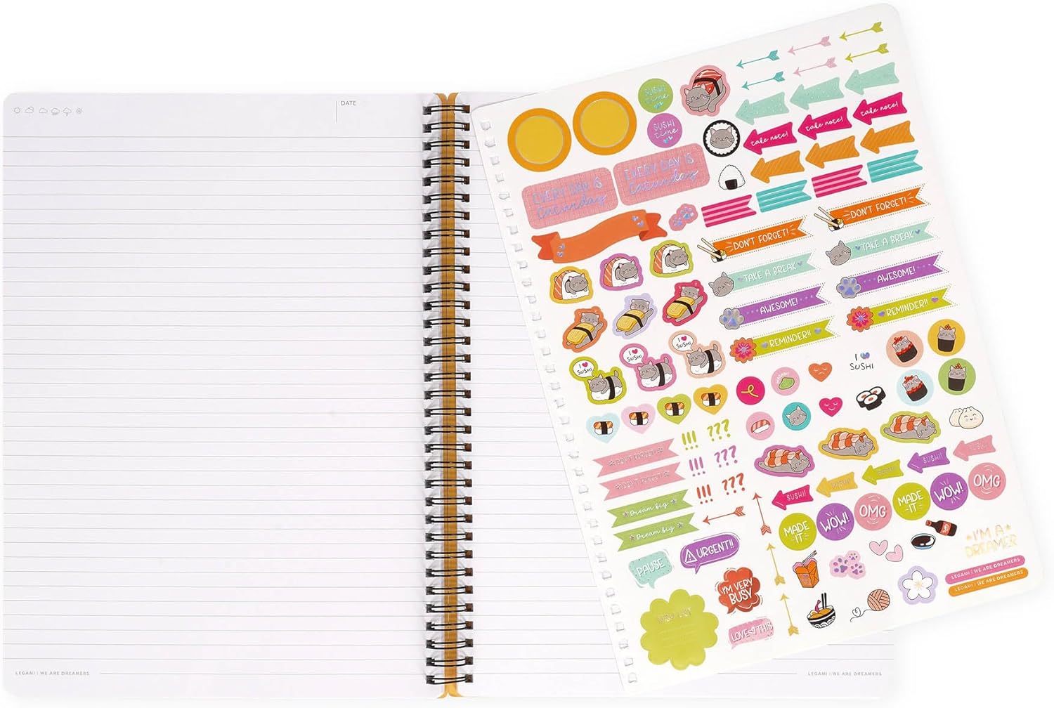 LEGAMI - Spiral Notebook with 7 mm Ruling, Sushi Cat, A4 Format, Maxi, FSC Certified Paper, Includes 1 Sheet of Stickers, 160 Pages, Elastic Closure, 21 x 29 cm