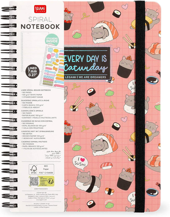 LEGAMI - Spiral Notebook with 7 mm Ruling, Sushi Cat, A4 Format, Maxi, FSC Certified Paper, Includes 1 Sheet of Stickers, 160 Pages, Elastic Closure, 21 x 29 cm