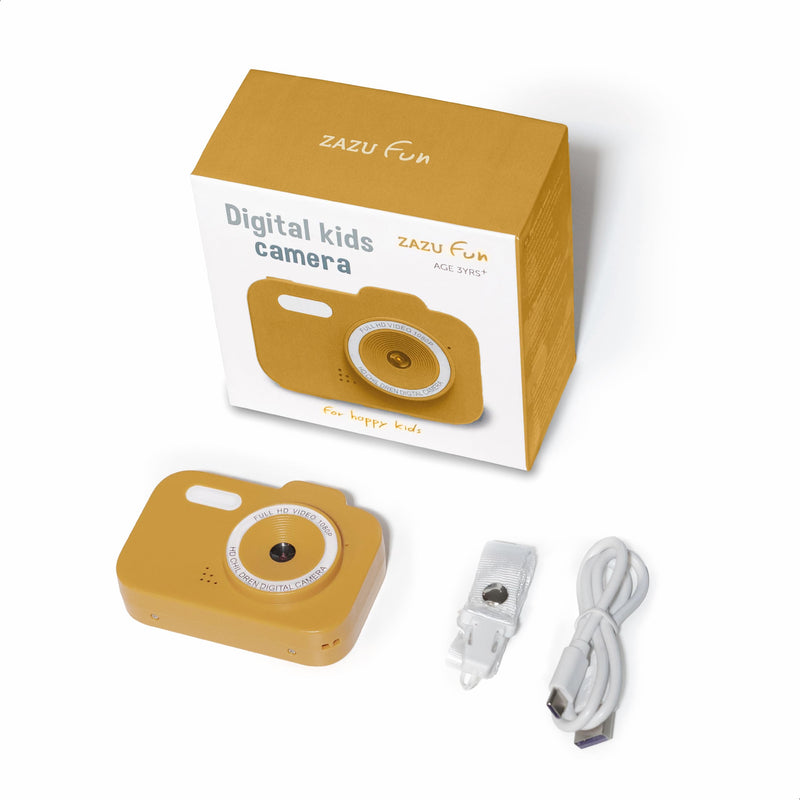 ZAZU Fun HD digitale camera voor kinderen, 1080p video, 2,0-inch display, oplaadbaar, draagbare kindercamera met grappige functies voor foto's en video's (geel