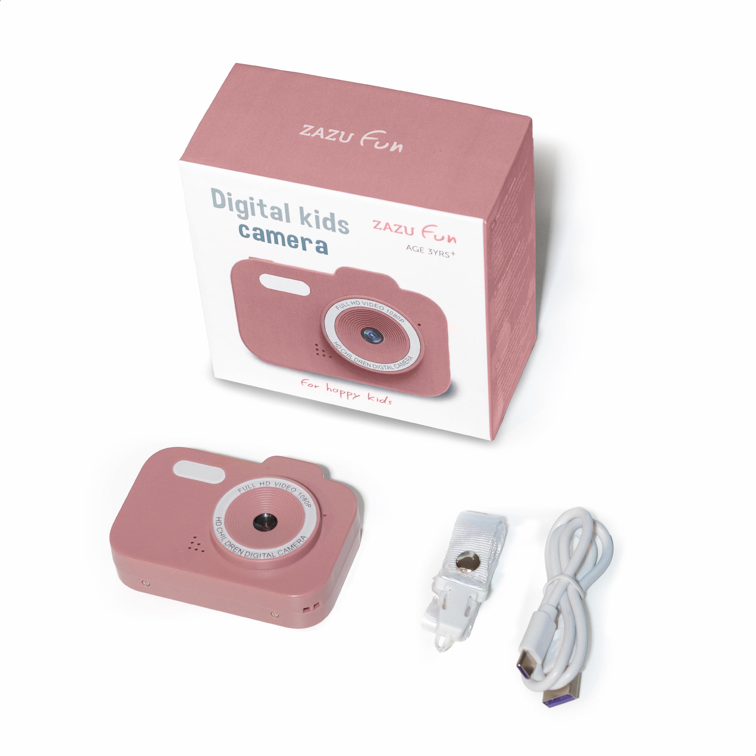 ZAZU Fun HD digitale camera voor kinderen, 1080p video, 2,0-inch display, oplaadbaar, draagbare kindercamera met grappige functies voor foto's en video's (roze