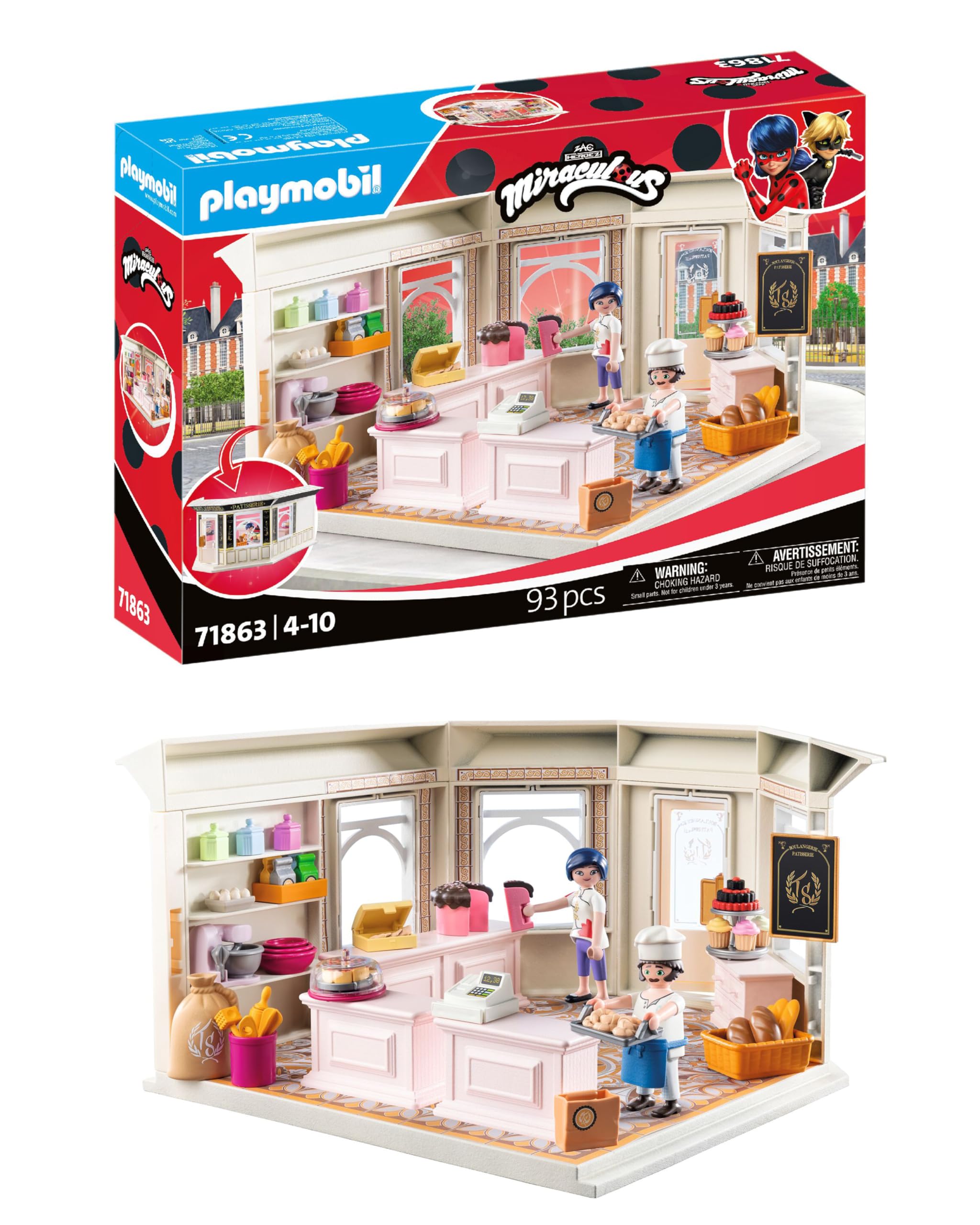 PLAYMOBIL Miraculous 71863 Franse bakkerij, speelgoed vanaf 4 jaar, cadeau voor kinderen, bevordert creativiteit en rollenspel, bakkerij om na te spelen en interactieve speelfuncties