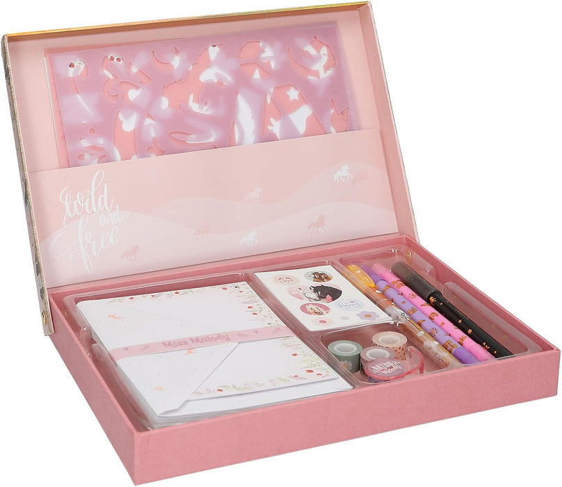 Depesche 13433 Miss Melody - Handlettering brievenbus met paardenmotief, schrijfset incl. briefpapier, enveloppen, stickers, pennen en nog veel meer.