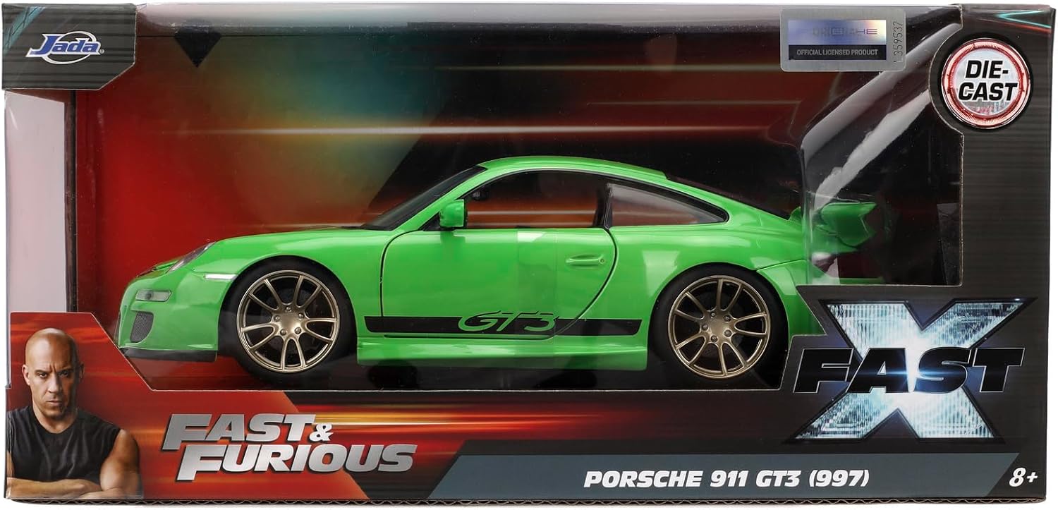 Fast & Furious JADA Fast X Brian's Porsche 911 GT3 RS 1:24 die-cast model car, toys for kids and adults, collect and play vehicle