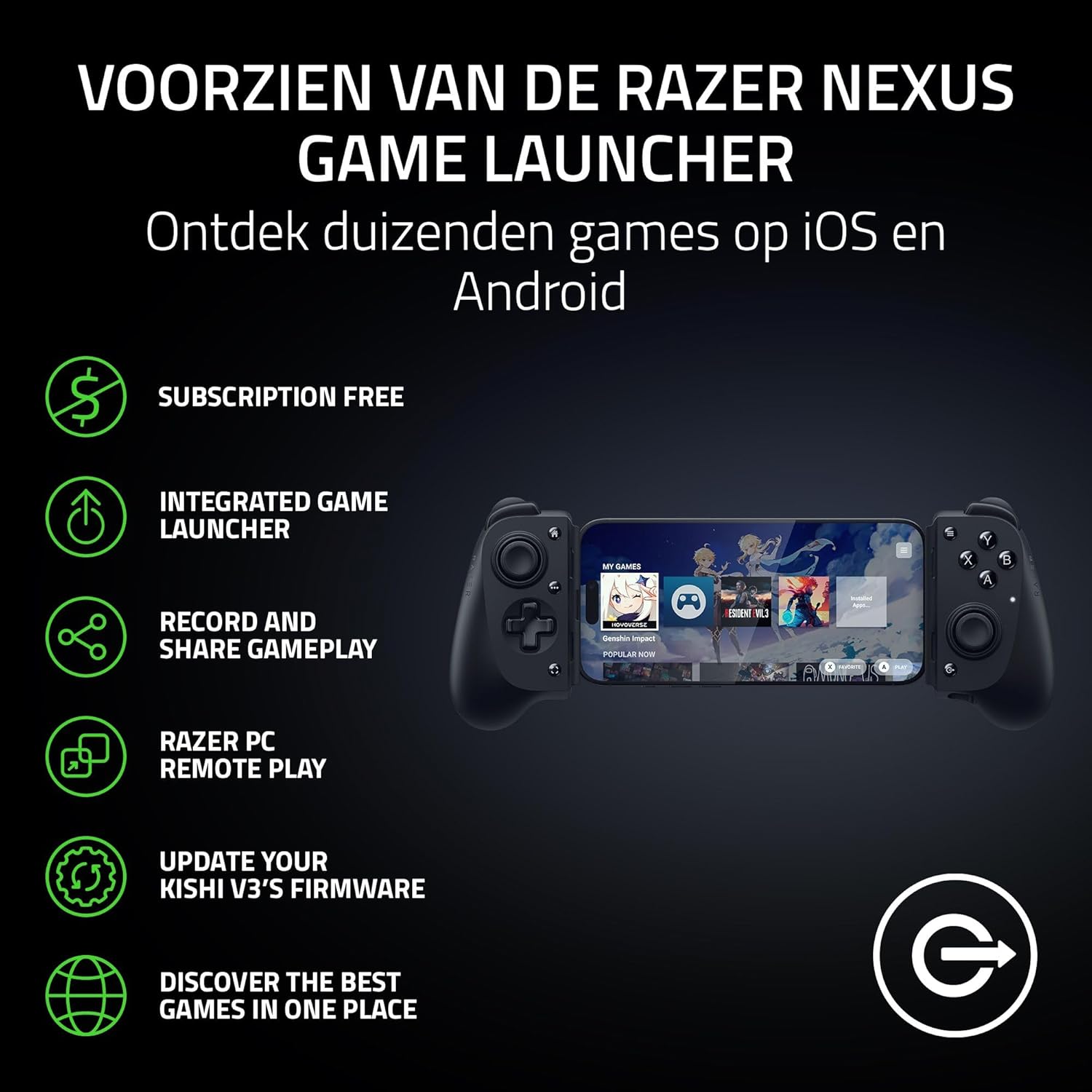 Razer Kishi V3 - Full-size mobile controller for iPhone and Android smartphones - USB-C Plug-and-Play - Anti-drift analogue sticks - 12 buttons (Sensa HD Haptics, Nexus App) Black