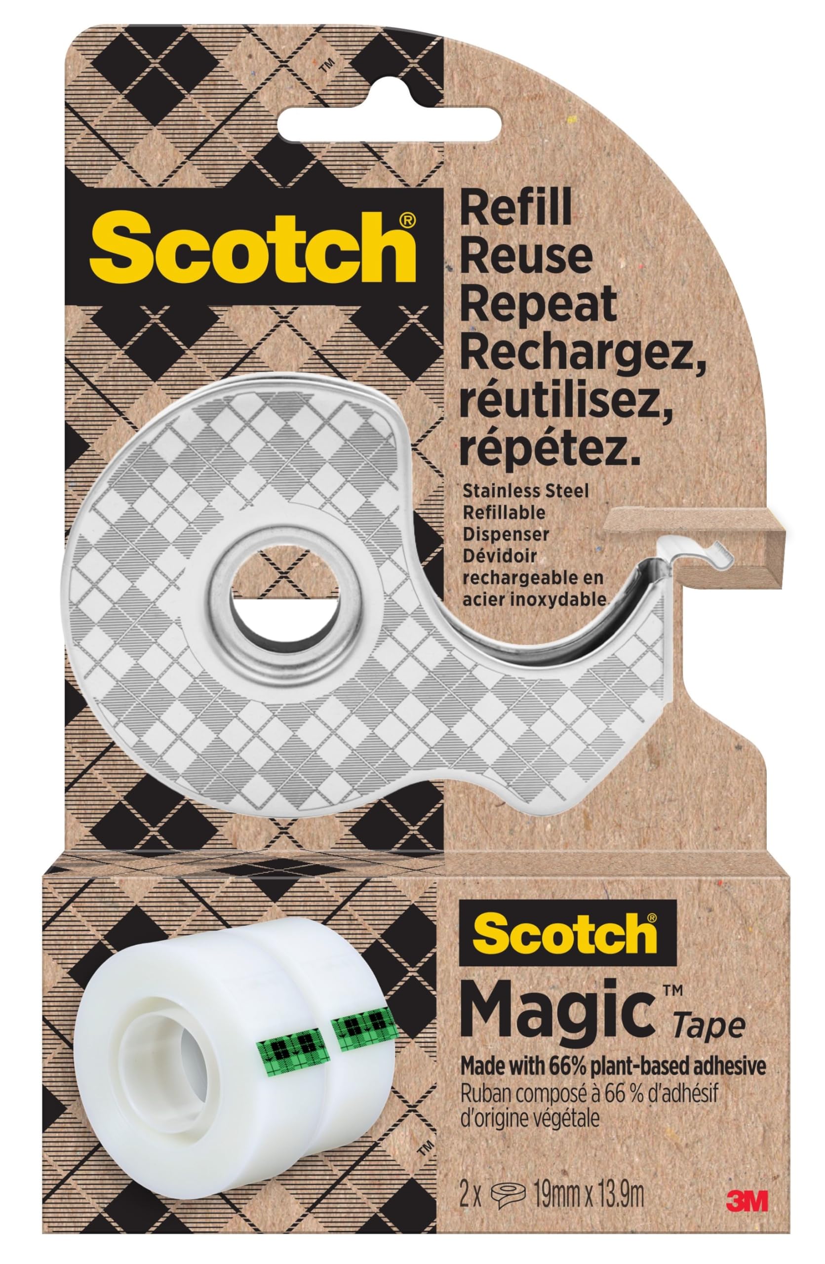 Scotch Stainless Steel Tape Dispenser, Silver + Scotch Magic Tape, 2 Rolls (19 mm x 13.9 m) - Refillable Sticky Tape Dispenser for Home and Office