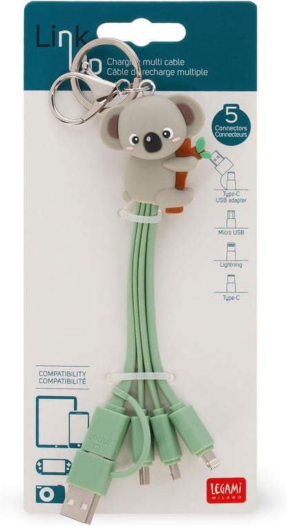 Legami - Koala Theme Multiple Link Up Charging Cable with Keyring, 4 USB Charging Cables, Type-C Micro-USB, Lightning Cable with USB Type C Adapter, TPE Coated Cable
