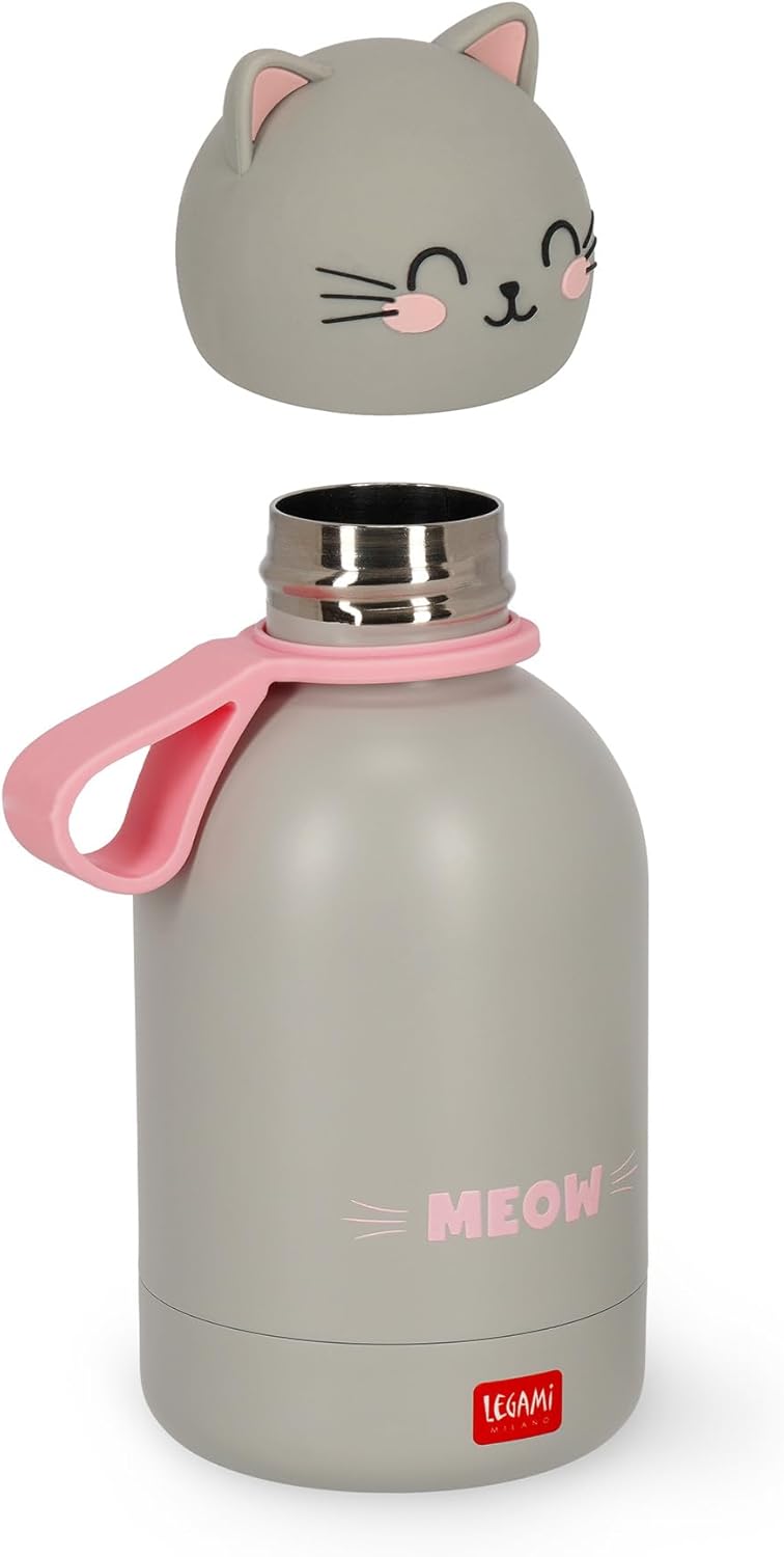 Legami - Hot & Cold BFF Insulated Water Bottle for Children, Kitty Theme, in 18/8 Stainless Steel Double Layer with Airtight Closure, Keeps Hot for 12h and Cold 24h, Capacity 310 ml