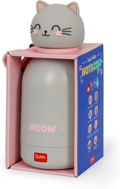Legami - Hot & Cold BFF Insulated Water Bottle for Children, Kitty Theme, in 18/8 Stainless Steel Double Layer with Airtight Closure, Keeps Hot for 12h and Cold 24h, Capacity 310 ml