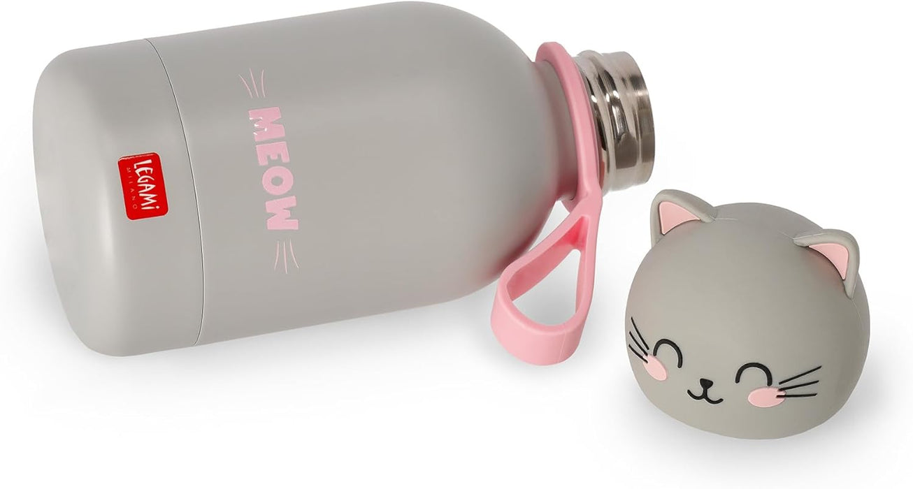 Legami - Hot & Cold BFF Insulated Water Bottle for Children, Kitty Theme, in 18/8 Stainless Steel Double Layer with Airtight Closure, Keeps Hot for 12h and Cold 24h, Capacity 310 ml