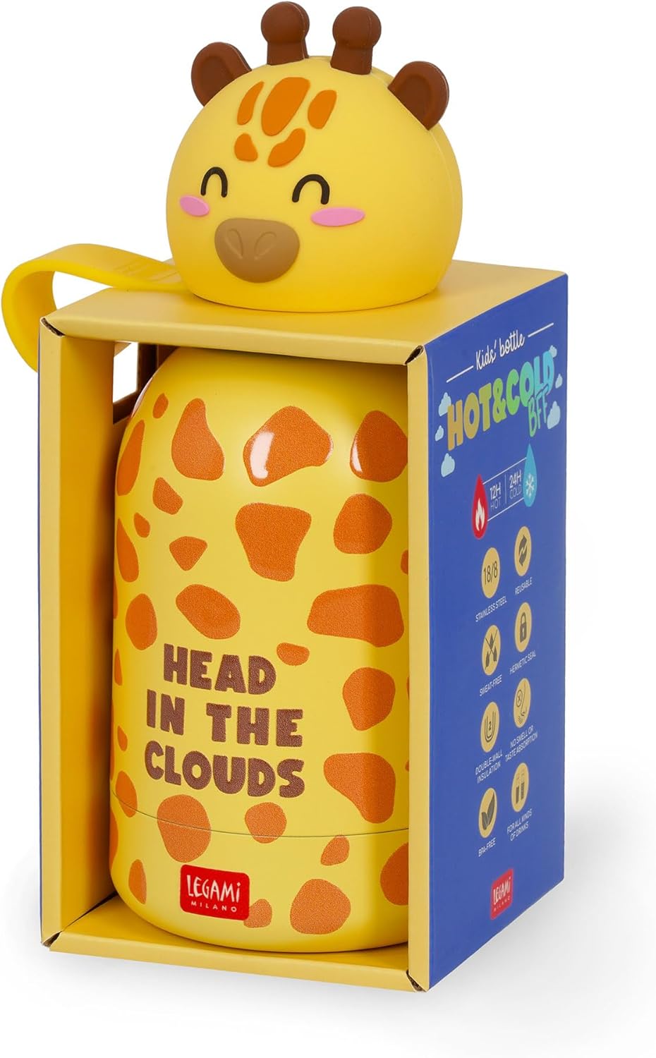 Legami - Hot & Cold BFF Thermal Water Bottle for Children, Giraffe Theme, in Stainless Steel 18/8 Double Layer with Airtight Closure, Keeps Hot for 12h and Cold 24h, Capacity 310 ml