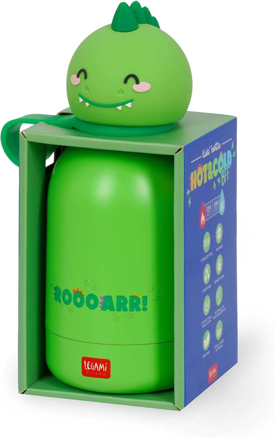 Legami - Hot & Cold BFF Children's Thermal Water Bottle, Dino Theme, in 18/8 Stainless Steel, Double Layer with Airtight Closure, Keeps Hot for 12h and Cold 24h, Capacity 310 ml