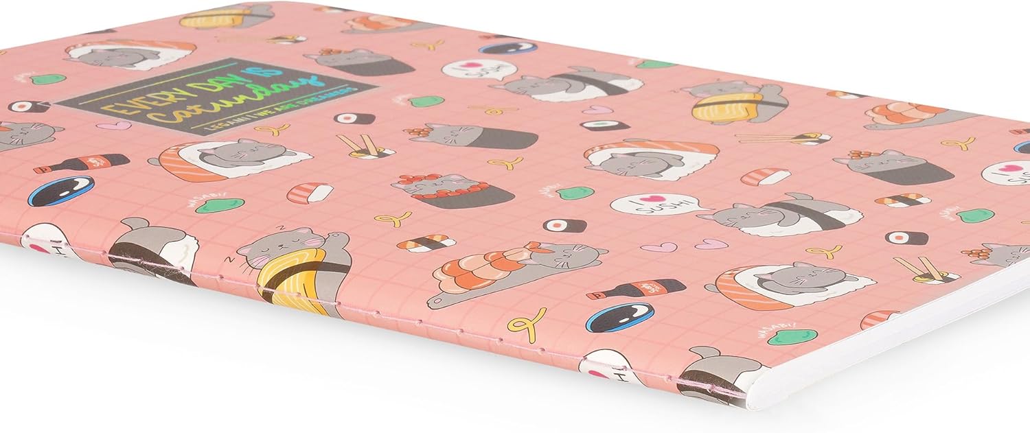 Legami - 7mm Sushi Cat B5 Large Lined Notebook - FSC Certified Paper - 100 Pages - Singer Dot Bound - 18.5 x 24.8 cm