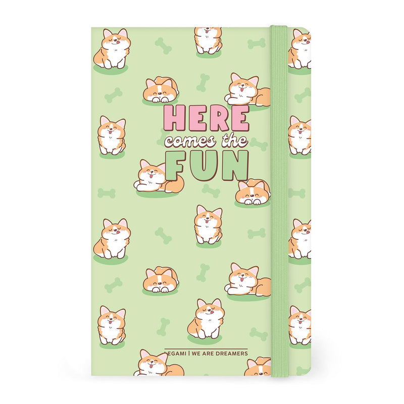 Legami - Notebook with lined medium, Corgi, 164 pages, end pocket, last 24 pages removable, elastic closure, rounded corners, FSC certified paper, 13 x 21 cm