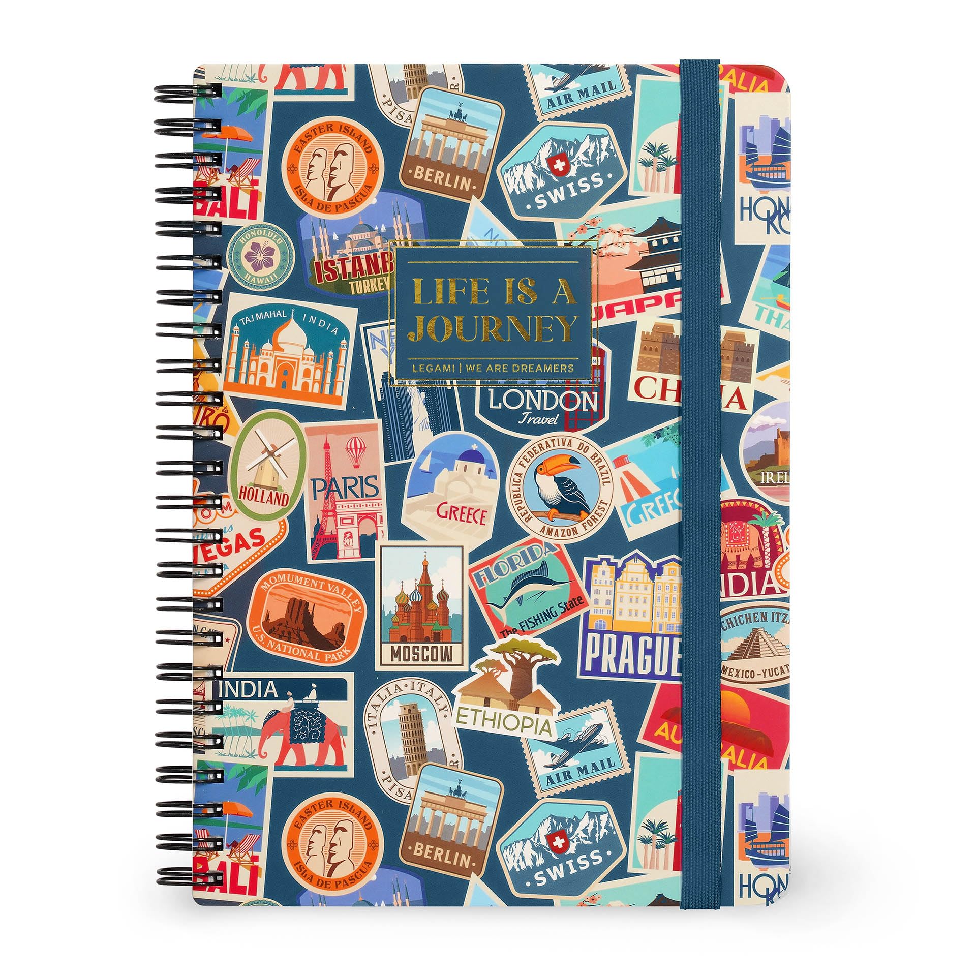 LEGAMI - Spiral notebook with 7 mm ruling, travel stickers, A4 format, large, FSC certified paper, contains 1 sheet of stickers, 160 pages, elastic closure, 15 x 21 cm