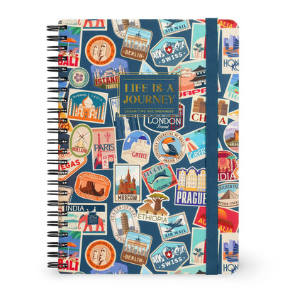 LEGAMI - Spiral notebook with 7 mm ruling, travel stickers, A4 format, large, FSC certified paper, contains 1 sheet of stickers, 160 pages, elastic closure, 15 x 21 cm